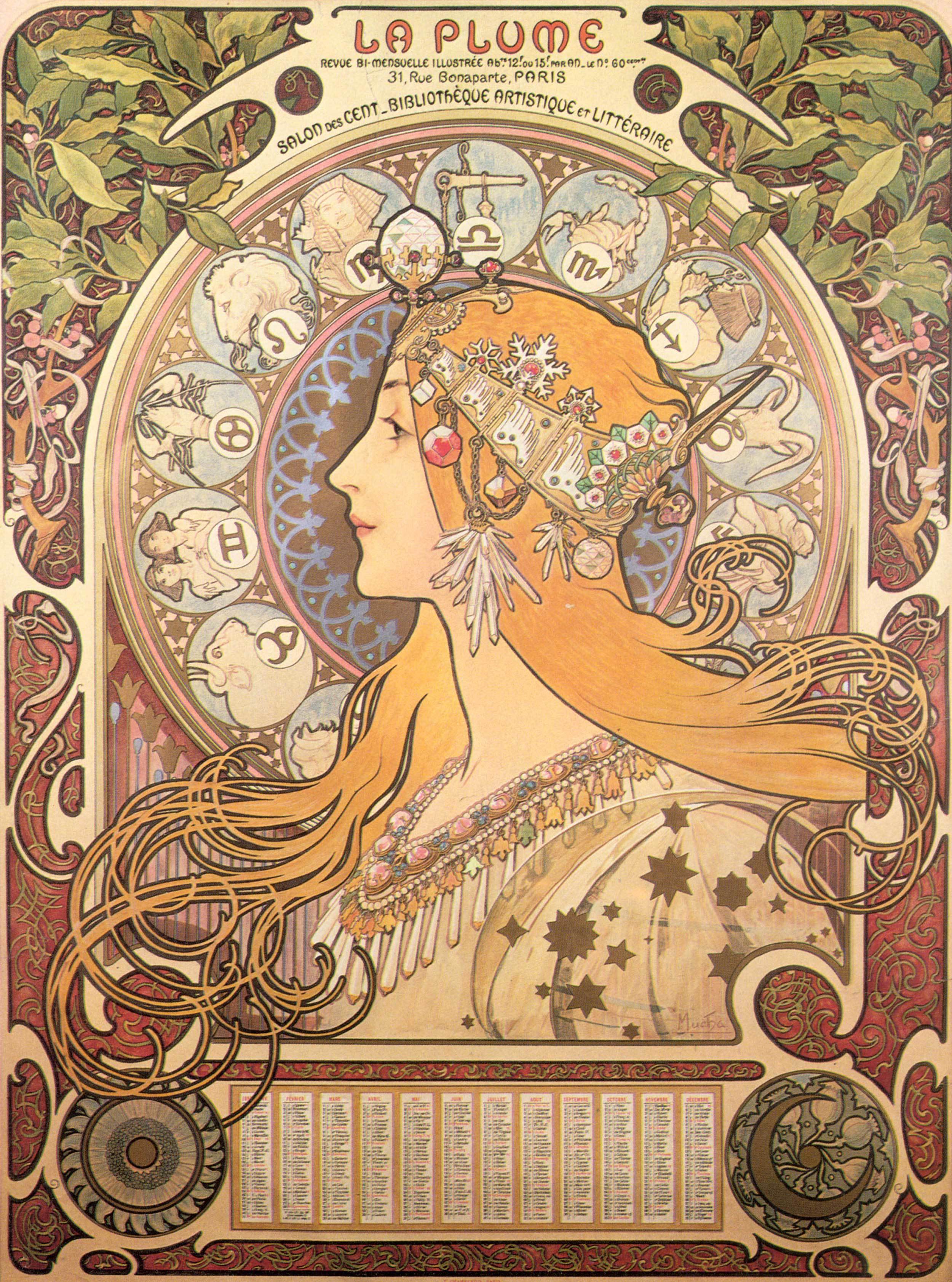 Alfons Mucha - Zodiac Sternkreiszeichen, 1896, Bilderrahmen weiß 