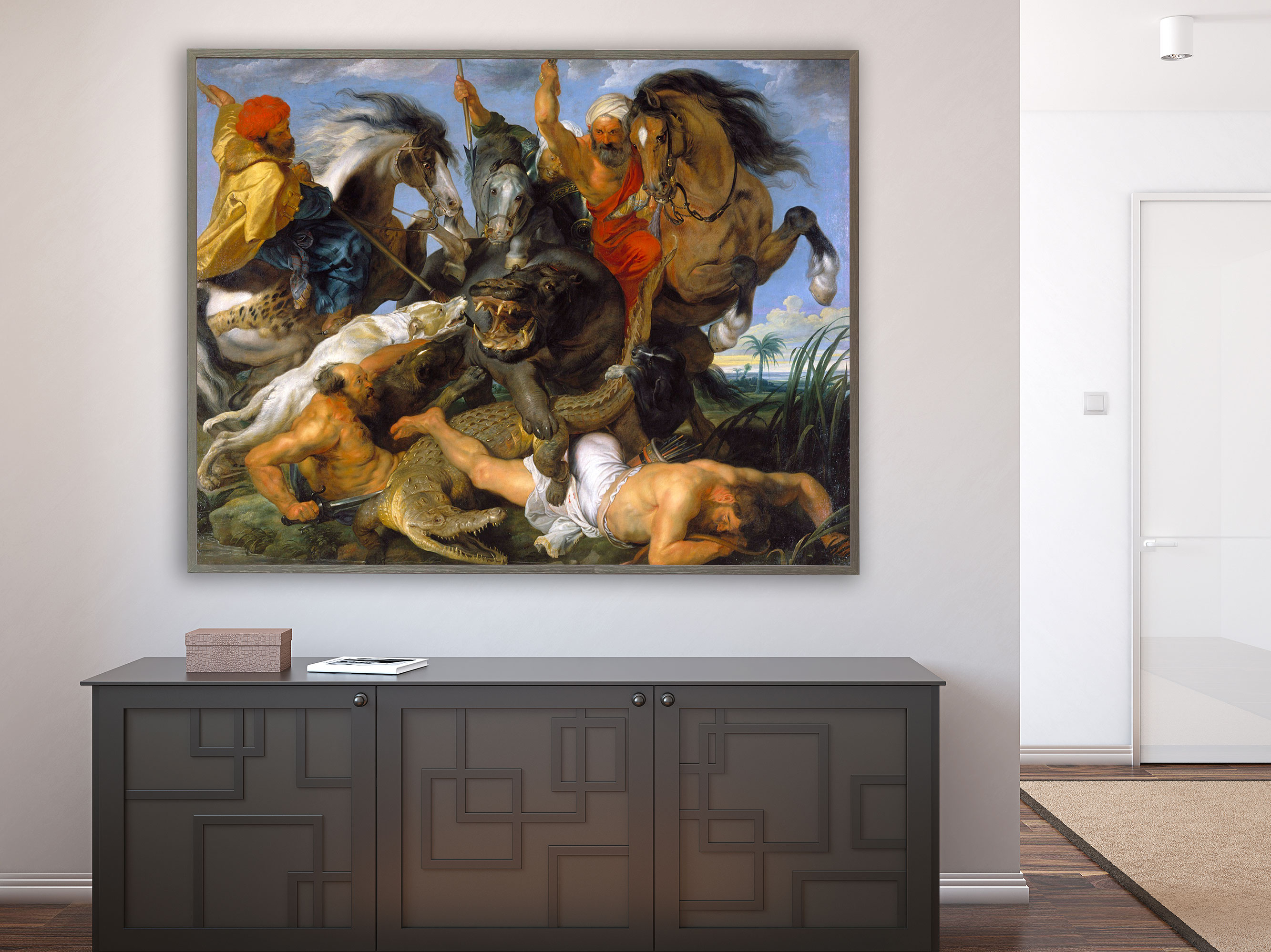 Peter Paul Rubens – Nilpferd und Krokodiljagd, Bilderrahmen grau
