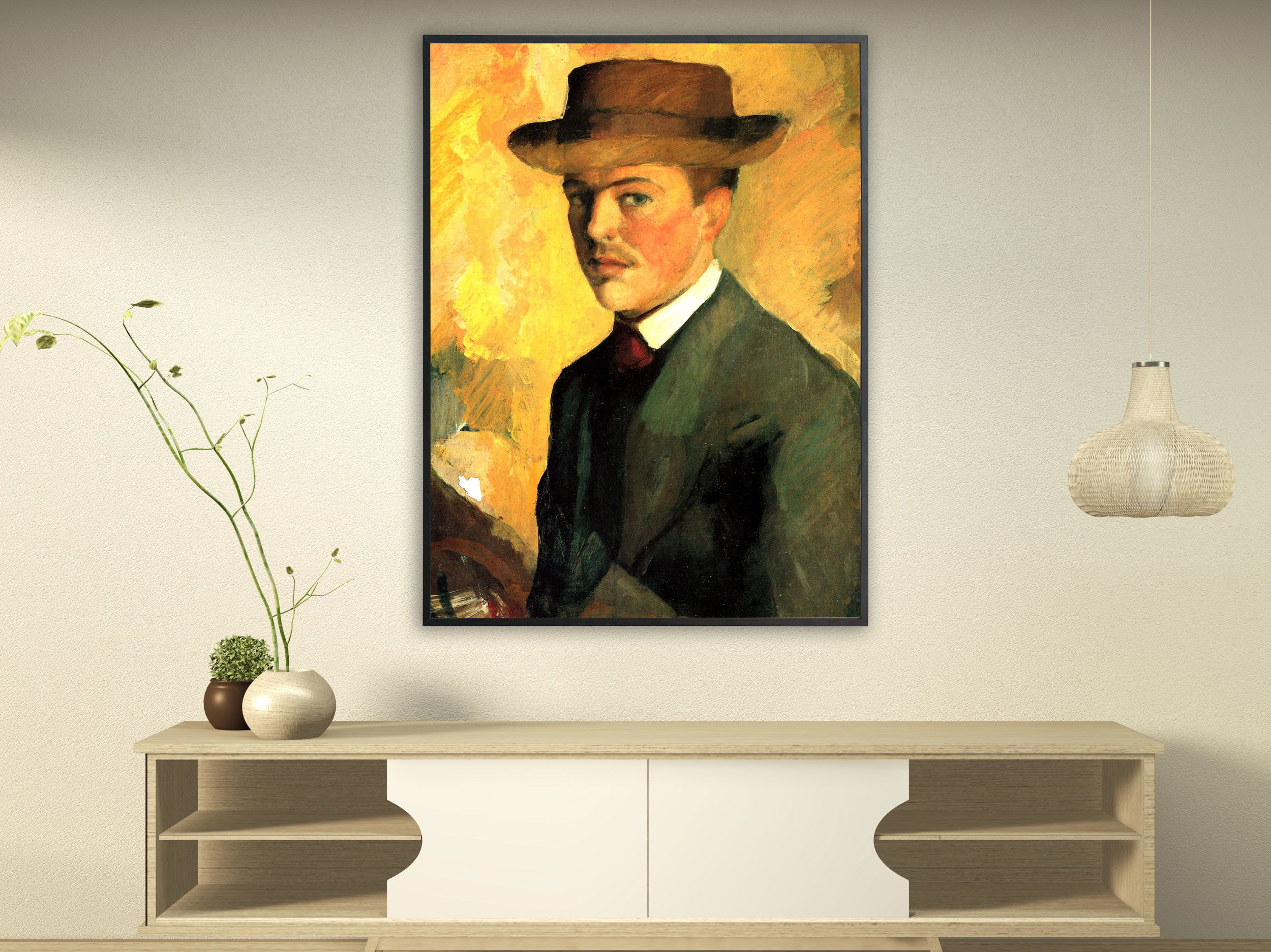 August Macke - Selbstportrait mit Hut, 1909, Bilderrahmen schwarz