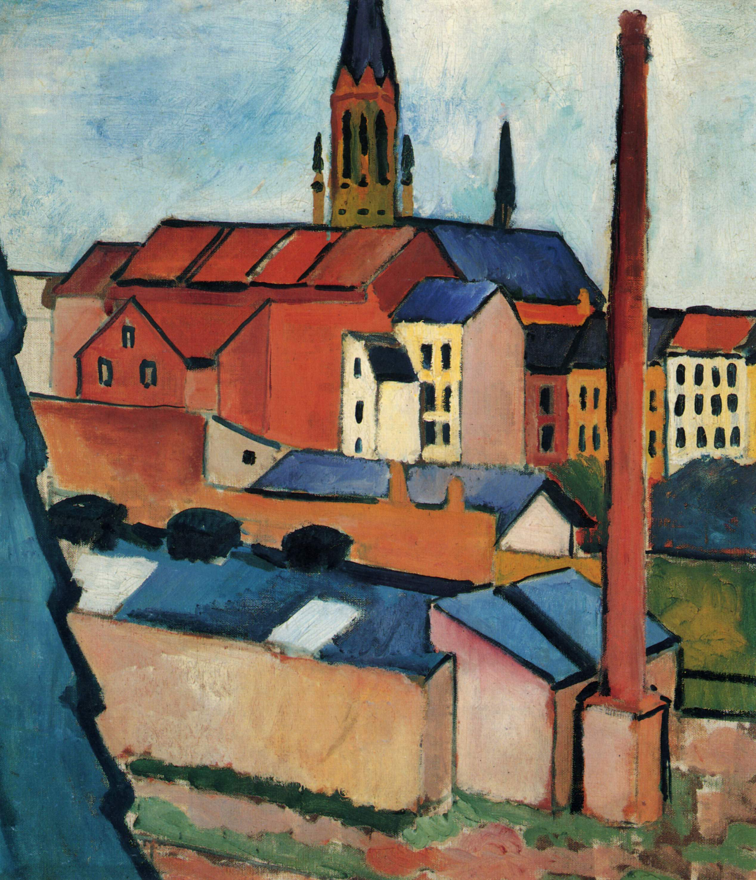 August Macke - Marienkirche in Bonn mit Häusern und Schornstein, 1911, Bilderrahmen grau