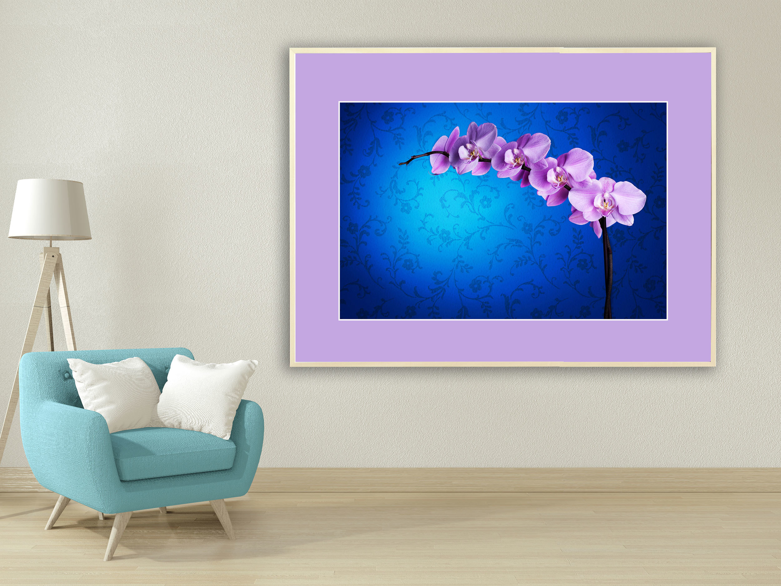 Orchideenblüte vor blauer Wand