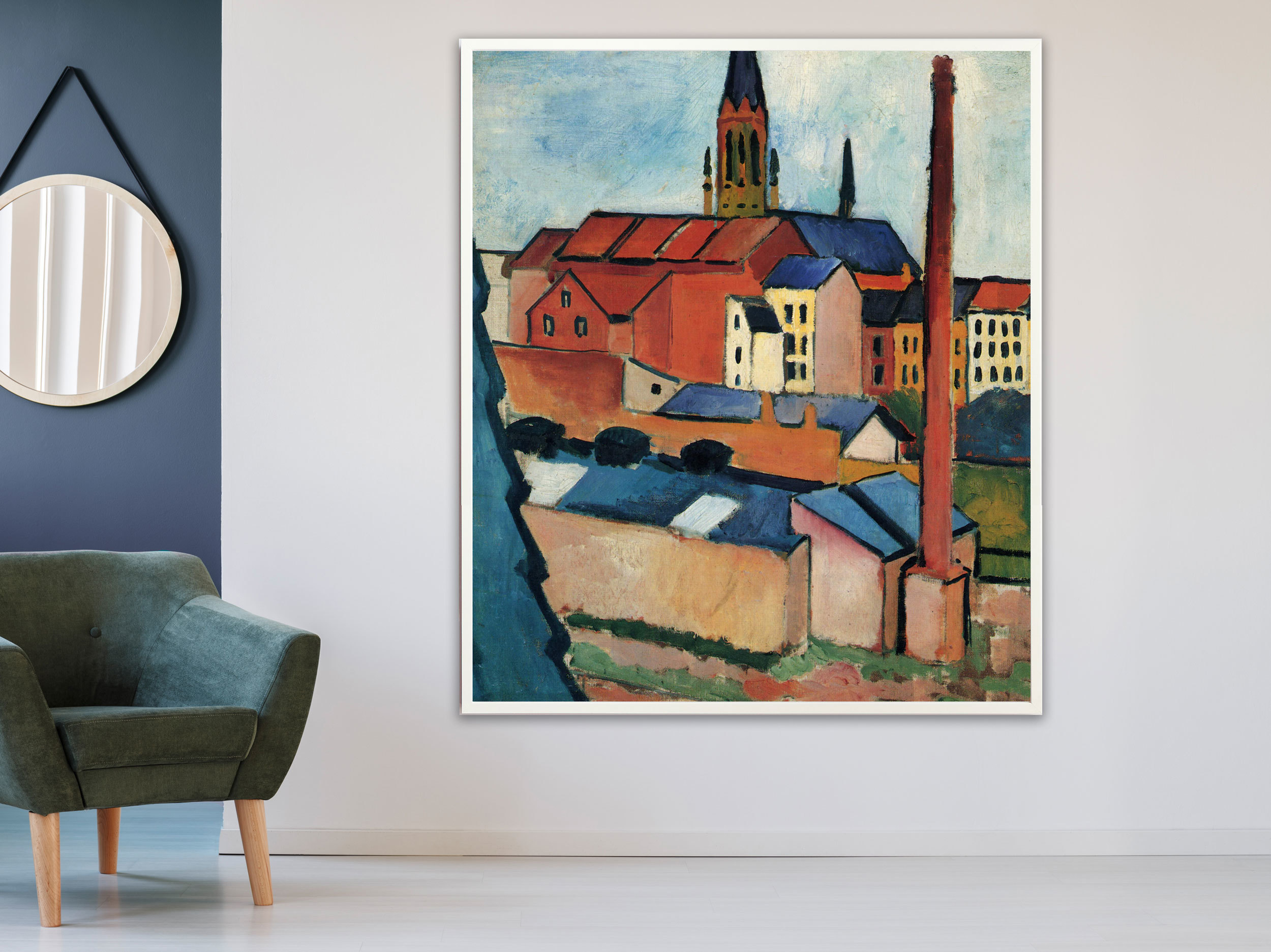 August Macke - Marienkirche in Bonn mit Häusern und Schornstein, 1911, Bilderrahmen weiß August Macke - Marienkirche in Bonn mit Häusern und Schornstein, 1911, Bilderrahmen weiß