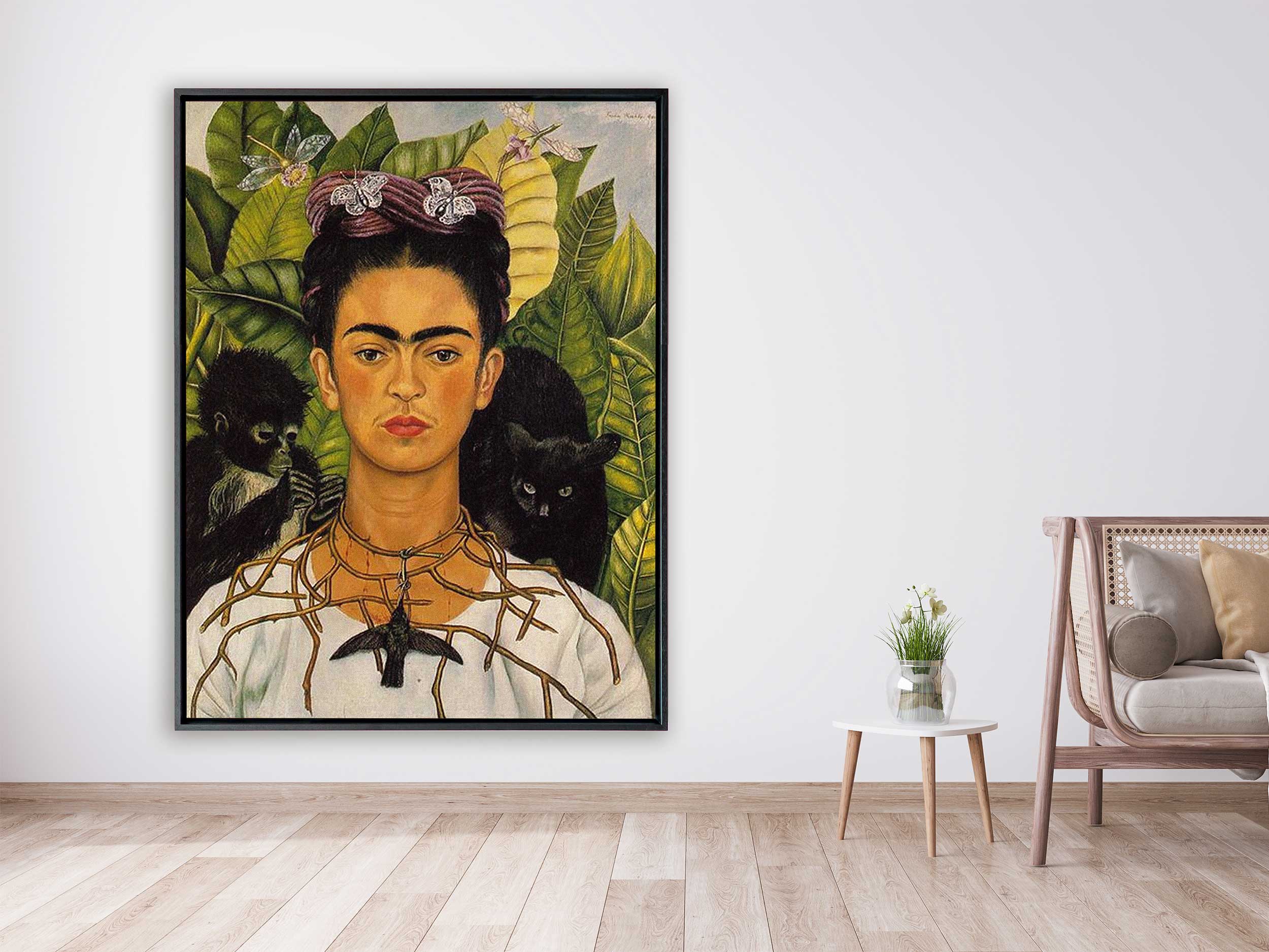 Frida Kahlo -  Self-portrait with Thorn Necklace and Hummingbird, 1940, Rahmen Schattenfuge schwarz