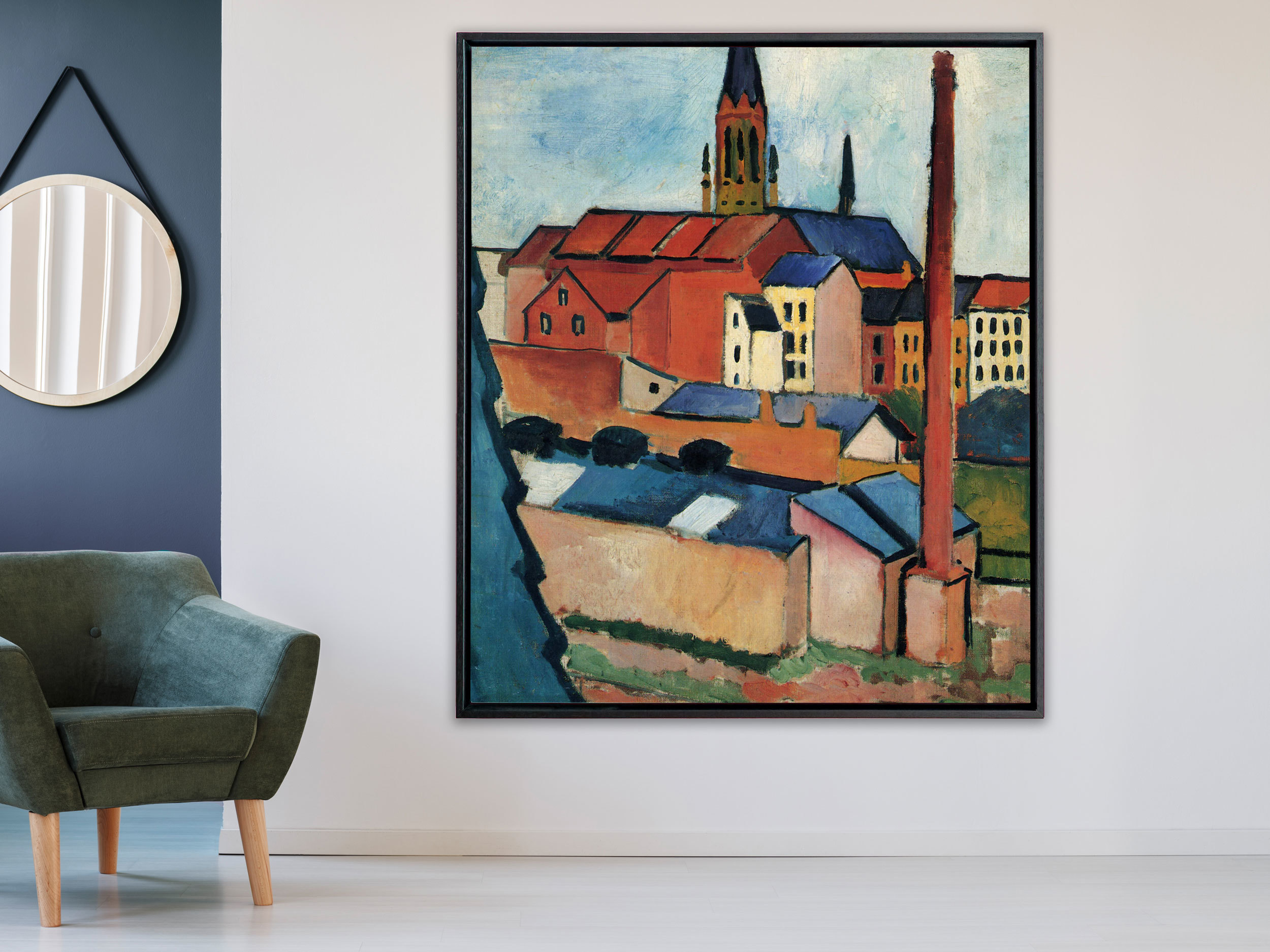 August Macke - Marienkirche in Bonn mit Häusern und Schornstein, 1911, Rahmen Schattenfuge schwarz August Macke - Marienkirche in Bonn mit Häusern und Schornstein, 1911, Rahmen Schattenfuge schwarz