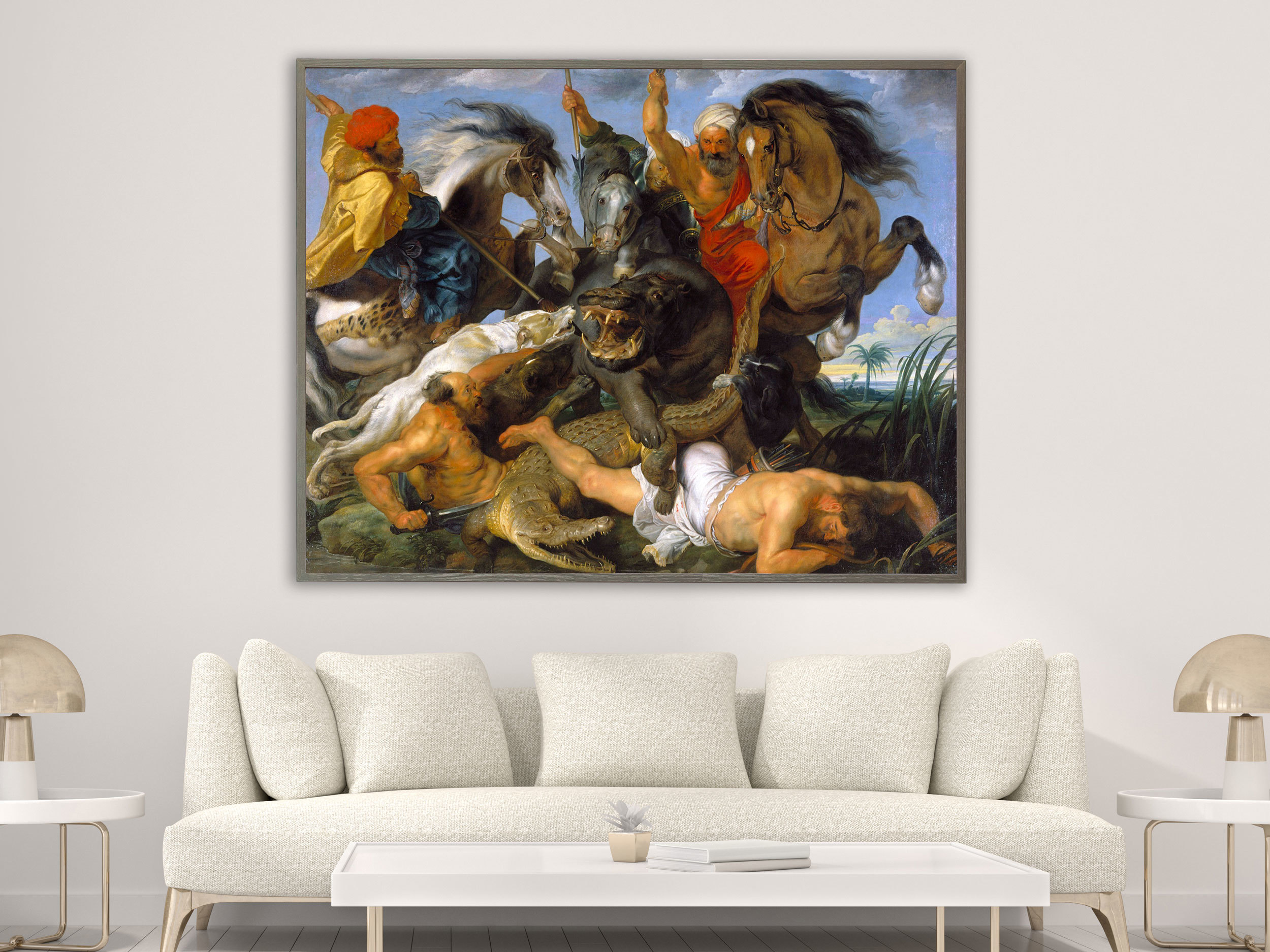 Peter Paul Rubens – Nilpferd und Krokodiljagd, Bilderrahmen grau