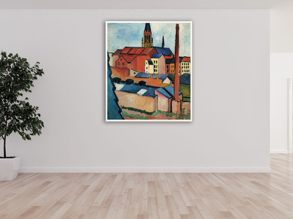 August Macke - Marienkirche in Bonn mit Häusern und Schornstein, 1911, Bilderrahmen weiß August Macke - Marienkirche in Bonn mit Häusern und Schornstein, 1911, Bilderrahmen weiß