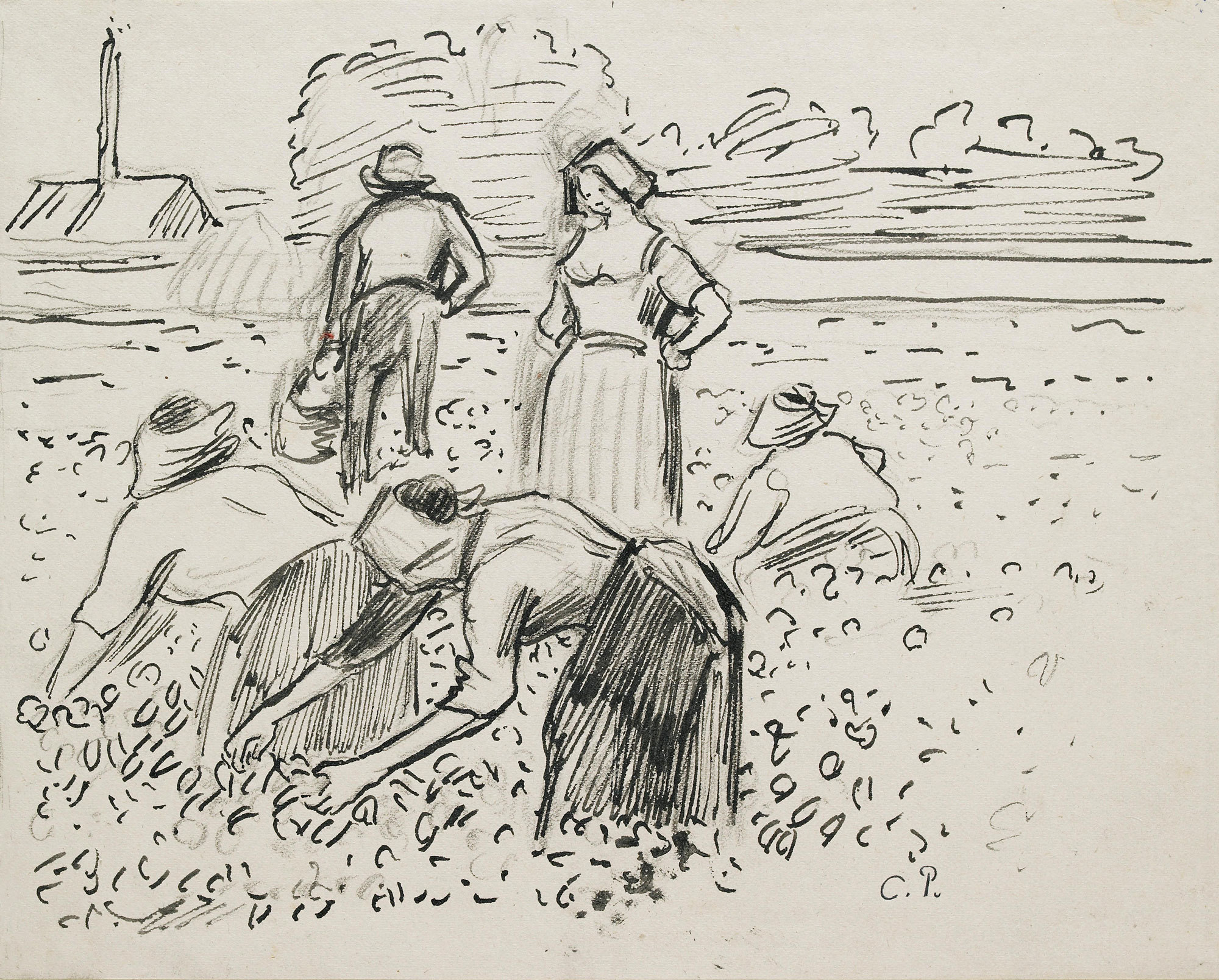 Camille Pissarro - Study of five peasant figures working in a field, 1887, Bilderrahmen weiß