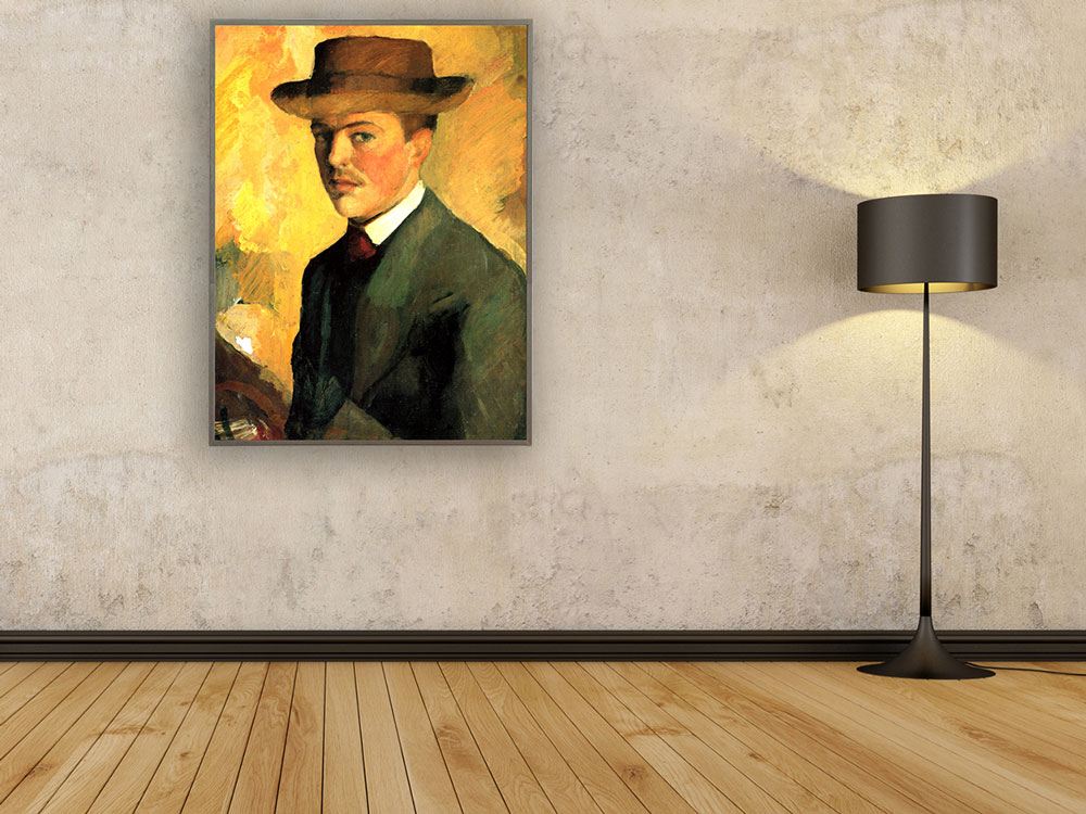 August Macke - Selbstportrait mit Hut, 1909, Bilderrahmen grau August Macke - Selbstportrait mit Hut, 1909, Bilderrahmen grau
