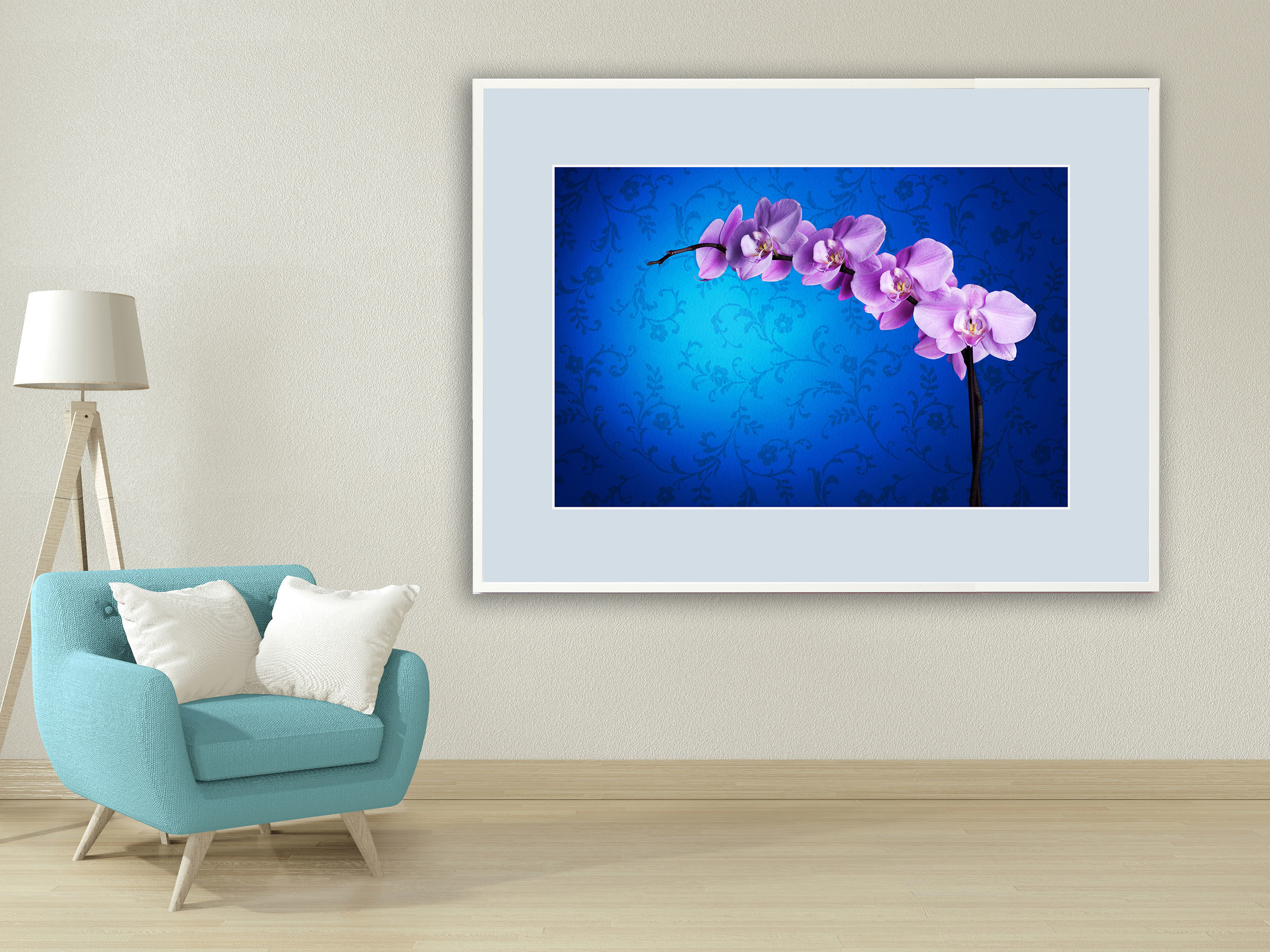 Orchideenblüte vor blauer Wand Orchideenblüte vor blauer Wand