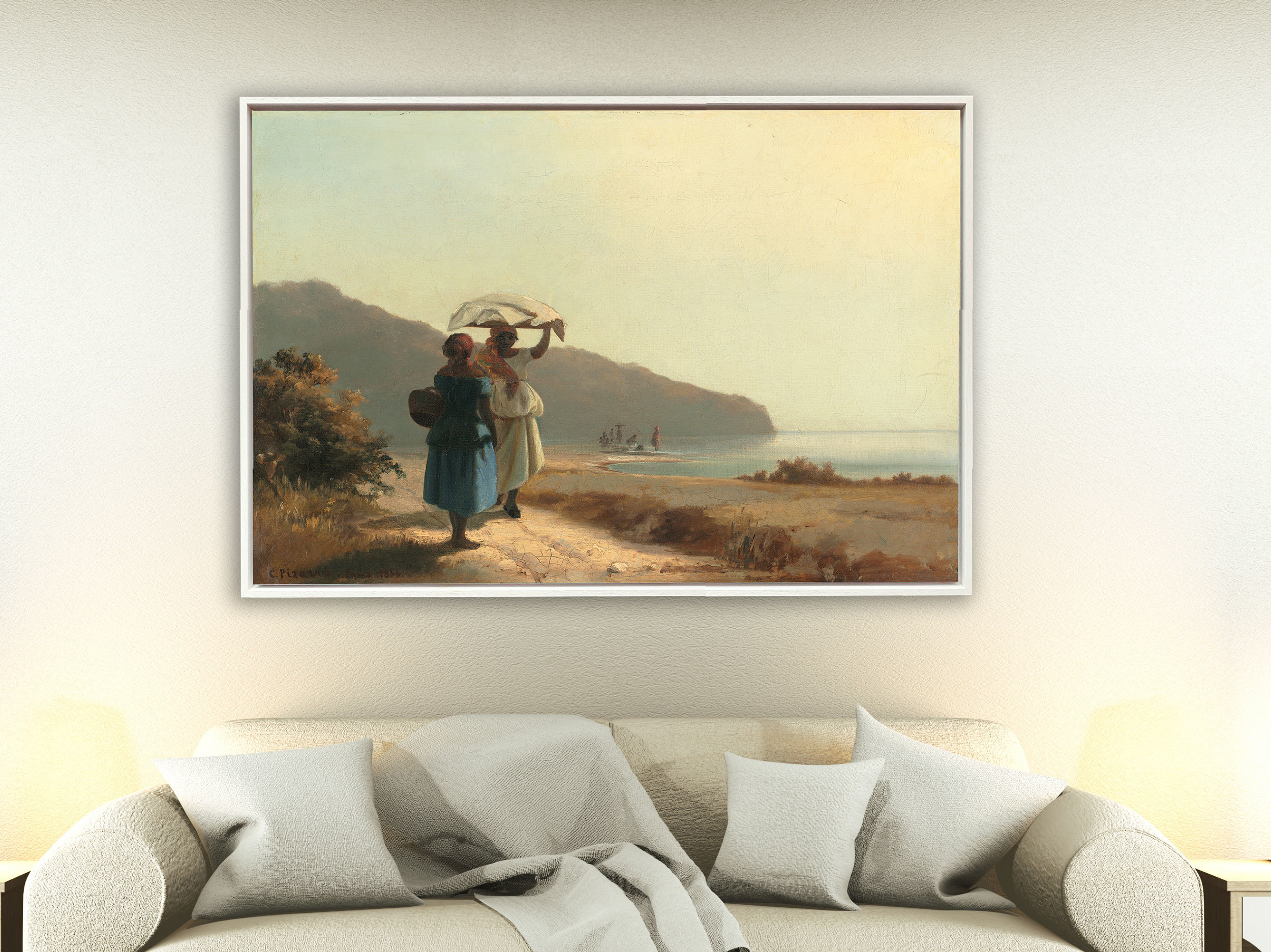 Camille Pissarro - Zwei Frauen am Meer ins Gespräch vertieft, St. Thomas, 1856, Schattenfugenrahmen weiß